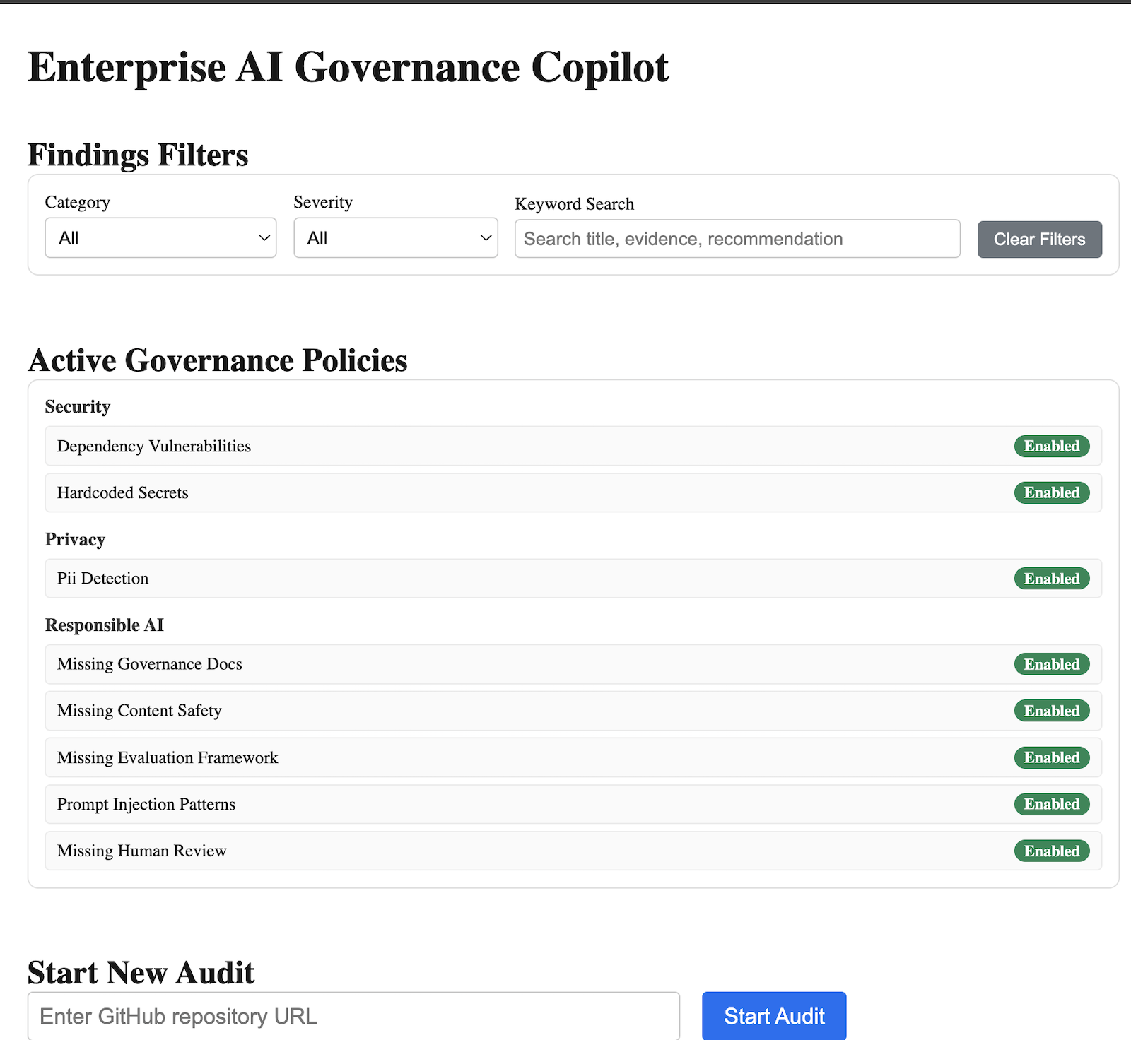 Enterprise AI Governance Copilot dashboard overview